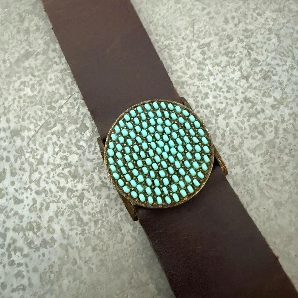 Turquoise Studded Brown Leather Wristband